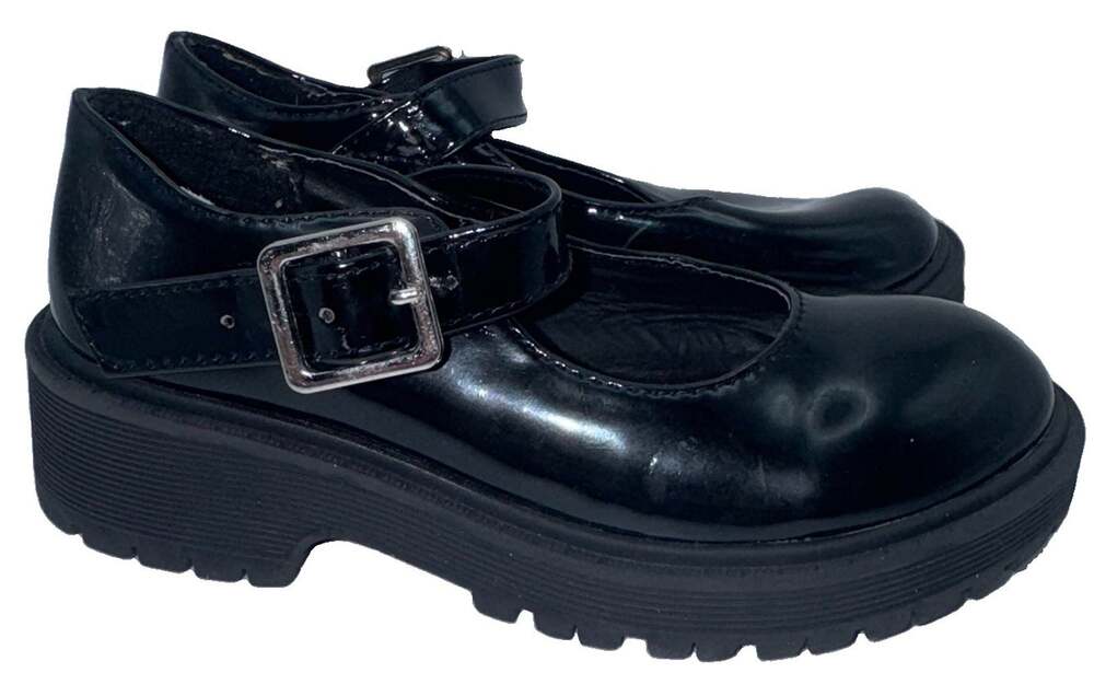 Link Girls Black Patent Mary Jane Platform Lug Sole Shoes Size 10